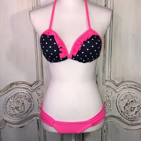 Ceu Mar Hot Pink and Navy Polkadot Bikini Size Medium - Picture 1 of 12